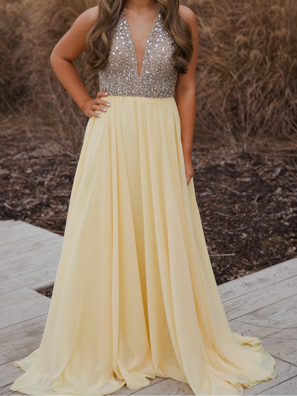 Ivory Sequin Bodice Prom Dress with Flowing Skirt